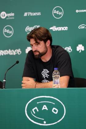 Rangers head coach Russell Martin talks to the media ahead of tomorrow s Champions League second leg qualifying match against Panathinaikos. Rangers press conference, PK, Pressekonferenz - Athens Olympic Stadium, Greece - 29 Jul 2025Athens Athens Olympic Stadium United Kingdom  Copyright: xO Rourke RangersxFC Shutterstockx 15419528j