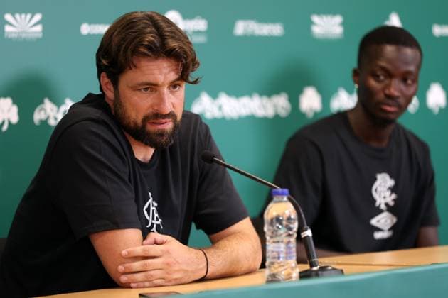 Rangers head coach Russell Martin and Mohamed Diomande talk to the media ahead of tomorrow s Champions League second leg qualifying match against Panathinaikos. Rangers press conference, PK, Pressekonferenz - Athens Olympic Stadium, Greece - 29 Jul 2025Athens Athens Olympic Stadium United Kingdom  Copyright: xO Rourke RangersxFC Shutterstockx 15419528c