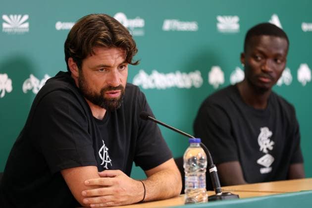 Rangers head coach Russell Martin and Mohamed Diomande talk to the media ahead of tomorrow s Champions League second leg qualifying match against Panathinaikos. Rangers press conference, PK, Pressekonferenz - Athens Olympic Stadium, Greece - 29 Jul 2025Athens Athens Olympic Stadium United Kingdom  Copyright: xO Rourke RangersxFC Shutterstockx 15419528d
