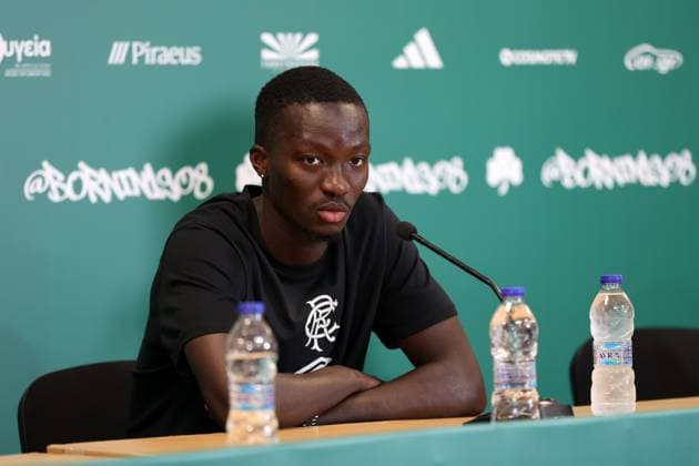 Mohamed Diomande talks to the media ahead of tomorrow s Champions League second leg qualifying match against Panathinaikos. Rangers press conference, PK, Pressekonferenz - Athens Olympic Stadium, Greece - 29 Jul 2025Athens Athens Olympic Stadium United Kingdom  Copyright: xO Rourke RangersxFC Shutterstockx 15419528e