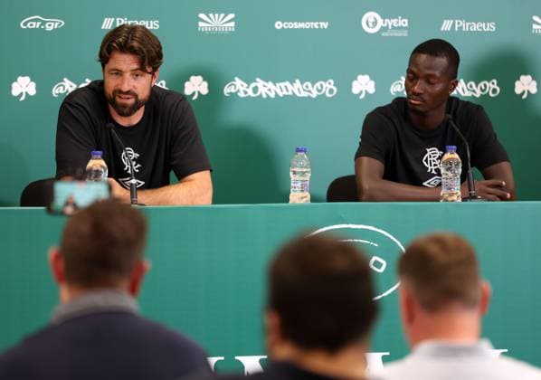 Rangers head coach Russell Martin and Mohamed Diomande talk to the media ahead of tomorrow s Champions League second leg qualifying match against Panathinaikos. Rangers press conference, PK, Pressekonferenz - Athens Olympic Stadium, Greece - 29 Jul 2025Athens Athens Olympic Stadium United Kingdom  Copyright: xO Rourke RangersxFC Shutterstockx 15419528a
