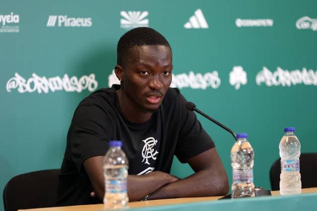 Mohamed Diomande talks to the media ahead of tomorrow s Champions League second leg qualifying match against Panathinaikos. Rangers press conference, PK, Pressekonferenz - Athens Olympic Stadium, Greece - 29 Jul 2025Athens Athens Olympic Stadium United Kingdom  Copyright: xO Rourke RangersxFC Shutterstockx 15419528b