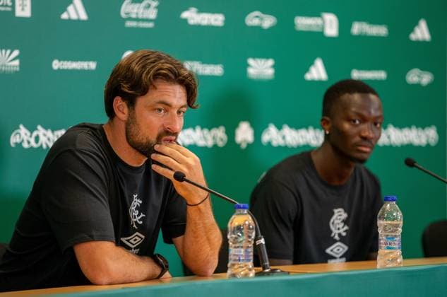 29th July 2025; Spiros Louis Olympic Stadium, Athens, Greece; Rangers press conference, PK, Pressekonferenz ahead of the UEFA Champions League Second Qualifying Round Match v Panathinaikos; Rangers Manager Russell Martin and Mohamed Diomande of Rangers during the press conference  VagelisxGeorgariou