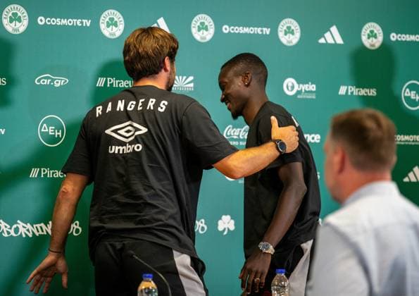 29th July 2025; Spiros Louis Olympic Stadium, Athens, Greece; Rangers press conference, PK, Pressekonferenz ahead of the UEFA Champions League Second Qualifying Round Match v Panathinaikos; Rangers Manager Russell Martin pats Mohamed Diomande of Rangers on the back after the press conference  VagelisxGeorgariou