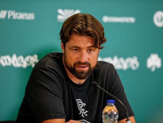 29th July 2025; Spiros Louis Olympic Stadium, Athens, Greece; Rangers press conference, PK, Pressekonferenz ahead of the UEFA Champions League Second Qualifying Round Match v Panathinaikos; Rangers Manager Russell Martin speaks during the press conference  VagelisxGeorgariou