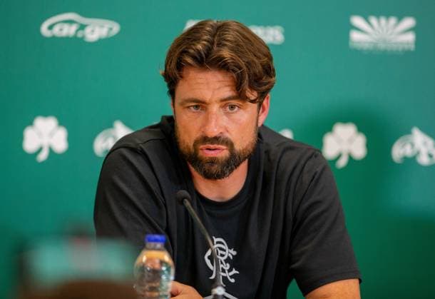 29th July 2025; Spiros Louis Olympic Stadium, Athens, Greece; Rangers press conference, PK, Pressekonferenz ahead of the UEFA Champions League Second Qualifying Round Match v Panathinaikos; Rangers Manager Russell Martin speaks during the press conference  VagelisxGeorgariou