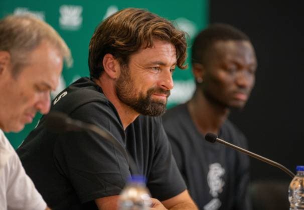 29th July 2025; Spiros Louis Olympic Stadium, Athens, Greece; Rangers press conference, PK, Pressekonferenz ahead of the UEFA Champions League Second Qualifying Round Match v Panathinaikos; Rangers Manager Russell Martin speaks during the press conference  VagelisxGeorgariou