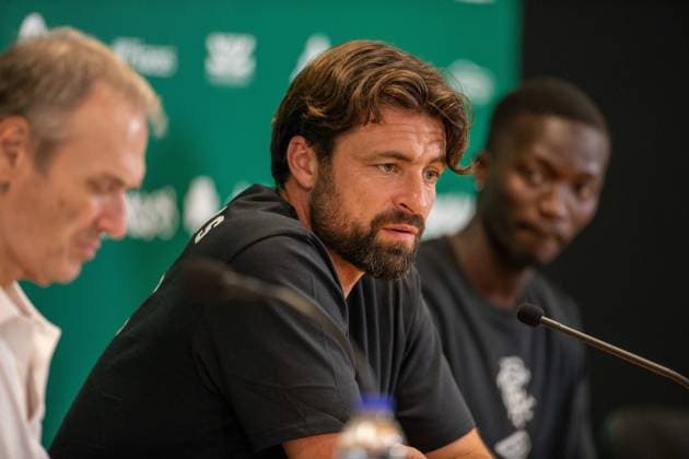 29th July 2025; Spiros Louis Olympic Stadium, Athens, Greece; Rangers press conference, PK, Pressekonferenz ahead of the UEFA Champions League Second Qualifying Round Match v Panathinaikos; Rangers Manager Russell Martin speaks during the press conference  VagelisxGeorgariou