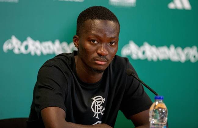 29th July 2025; Spiros Louis Olympic Stadium, Athens, Greece; Rangers press conference, PK, Pressekonferenz ahead of the UEFA Champions League Second Qualifying Round Match v Panathinaikos; Mohamed Diomande of Rangers speaks during the press conference  VagelisxGeorgariou