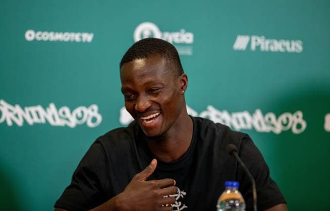 29th July 2025; Spiros Louis Olympic Stadium, Athens, Greece; Rangers press conference, PK, Pressekonferenz ahead of the UEFA Champions League Second Qualifying Round Match v Panathinaikos; Mohamed Diomande of Rangers laughs during the press conference  VagelisxGeorgariou