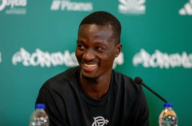 29th July 2025; Spiros Louis Olympic Stadium, Athens, Greece; Rangers press conference, PK, Pressekonferenz ahead of the UEFA Champions League Second Qualifying Round Match v Panathinaikos; Mohamed Diomande of Rangers laughs during the press conference  VagelisxGeorgariou