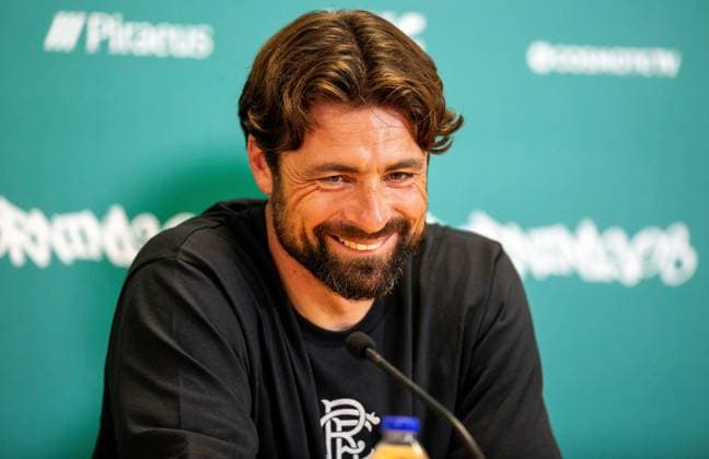 29th July 2025; Spiros Louis Olympic Stadium, Athens, Greece; Rangers press conference, PK, Pressekonferenz ahead of the UEFA Champions League Second Qualifying Round Match v Panathinaikos; Rangers Manager Russell Martin laughs during the press conference  VagelisxGeorgariou