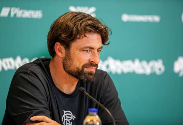 29th July 2025; Spiros Louis Olympic Stadium, Athens, Greece; Rangers press conference, PK, Pressekonferenz ahead of the UEFA Champions League Second Qualifying Round Match v Panathinaikos; Rangers Manager Russell Martin speaks during the press conference  VagelisxGeorgariou