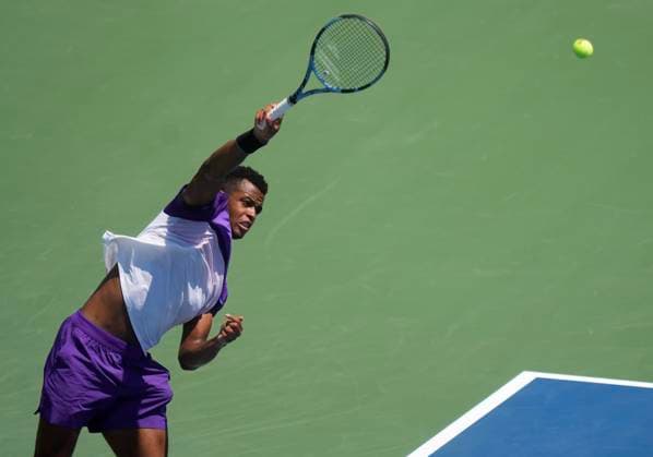 July 29, 2025, Toronto, On, CANADA: Giovanni Mpetshi Perricard of France serves the ball against Holger Rune of Denmark during second round tennis action at the National Bank Open in Toronto on Tuesday, July 29, 2025. Canada News - July 29, 2025  - ZUMAc35_ 20250729_zaf_c35_034 Copyright: xNathanxDenettex