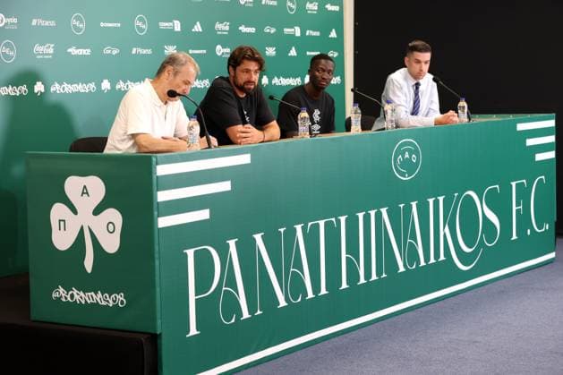 Rangers head coach Russell Martin and Mohamed Diomande talk to the media ahead of tomorrow s Champions League second leg qualifying match against Panathinaikos. Rangers press conference, PK, Pressekonferenz - Athens Olympic Stadium, Greece - 29 Jul 2025Athens Athens Olympic Stadium United Kingdom  Copyright: xO Rourke RangersxFC Shutterstockx 15419528q