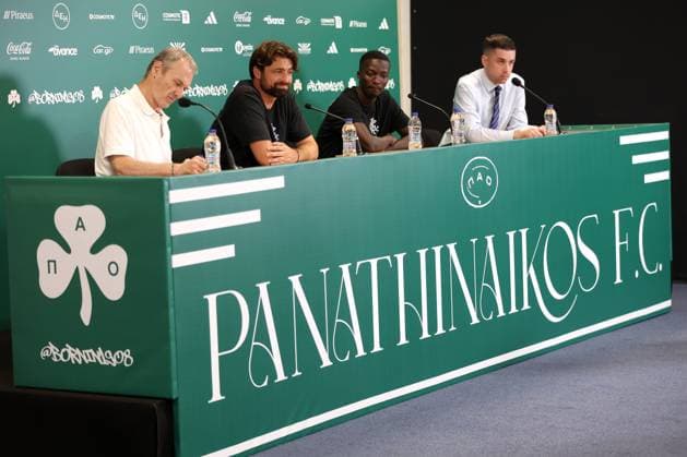 Rangers head coach Russell Martin and Mohamed Diomande talk to the media ahead of tomorrow s Champions League second leg qualifying match against Panathinaikos. Rangers press conference, PK, Pressekonferenz - Athens Olympic Stadium, Greece - 29 Jul 2025Athens Athens Olympic Stadium United Kingdom  Copyright: xO Rourke RangersxFC Shutterstockx 15419528p