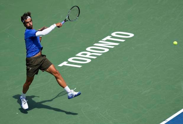 July 29, 2025, Toronto, On, CANADA: Lorenzo Musetti of Italy returns the ball against James Duckworth of Australia during second round tennis action at the National Bank Open in Toronto on Tuesday, July 29, 2025. Canada News - July 29, 2025  - ZUMAc35_ 20250729_zaf_c35_049 Copyright: xNathanxDenettex