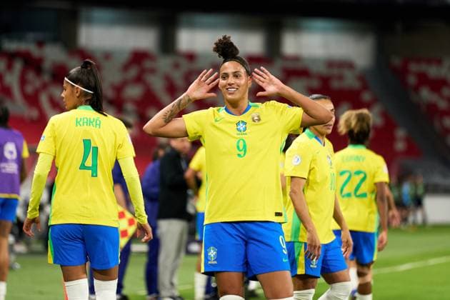 Amanda Gutierres of Brazil celebrates her goal during the semifinal of Copa America Feminina between Brazil and Uruguay at Rodrigo Paz Delgado Stadium on July 29, 2025 in Quito, Ecuador (Photo by Camilla Stolen, Imago) Quito Ecuador Copyright: xCamillaxStolenx L1047223