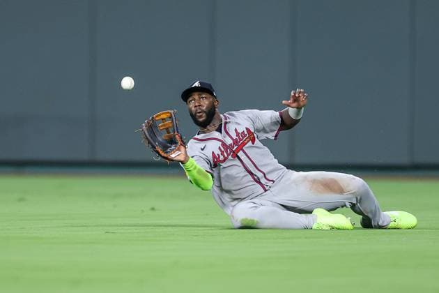July 29, 2025: Atlanta Braves center fielder Michael Harris II (23) can t make the catch on a double from Kansas City Royals outfielder MJ Melendez (1) during the eighth inning at Kauffman Stadium in Kansas City, MO. CSM Kansas City United States of America - ZUMAc04_ 20250729_zma_c04_225 Copyright: xDavidxSmithx