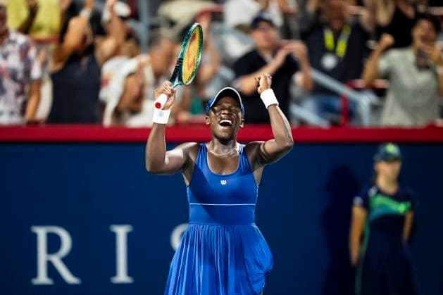 July 30, 2025, Montreal, Pq, CANADA: Victoria Mboko of Canada celebrates after defeating Sofia Kenin of USA during second round tennis action at the National Bank Open tennis tournament in Montreal on Tuesday, July 29, 2025. Canada News - July 30, 2025  - ZUMAc35_ 20250730_zaf_c35_002 Copyright: xChristopherxKatsarovx