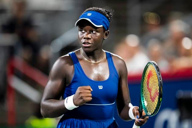 July 30, 2025, Montreal, Pq, CANADA: Victoria Mboko of Canada reacts during second round tennis action against Sofia Kenin of USA at the National Bank Open tennis tournament in Montreal on Tuesday, July 29, 2025. Canada News - July 30, 2025  - ZUMAc35_ 20250730_zaf_c35_003 Copyright: xChristopherxKatsarovx