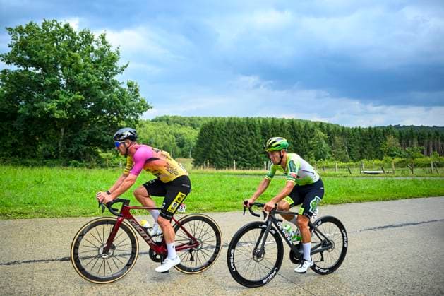 Tour de Wallonie 2025 Stage 5 BERTRIX, BELGIUM - JULY 30 : Dupont Timothy of Tarteletto - Isorex, Persico Davide of Wagner Bazin WB in action during stage 5 of the 30th edition of Tour de Wallonie an UCI ProSeries 2.Pro cycling road race stage for Men Elite of 183.2 km with start in Bertrix and finish in Bertrix on July 30, 2025 in Bertrix, Belgium, 30 07 2025 ( Motordriver Louis Bidlot - Bertrix Belgium  Copyright: xTomasxSiskx