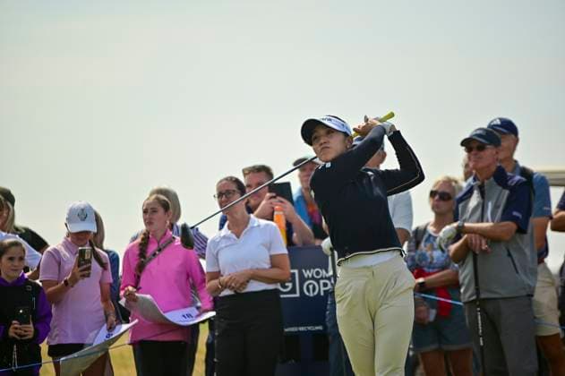 30th July 2025; Royal Porthcawl Golf Club, Porthcawl, Wales; AIG Womens Open Golf, Practice Day; Tournament reigning champion Lydia Ko tees off on the 10th tee box  AledxHopkins