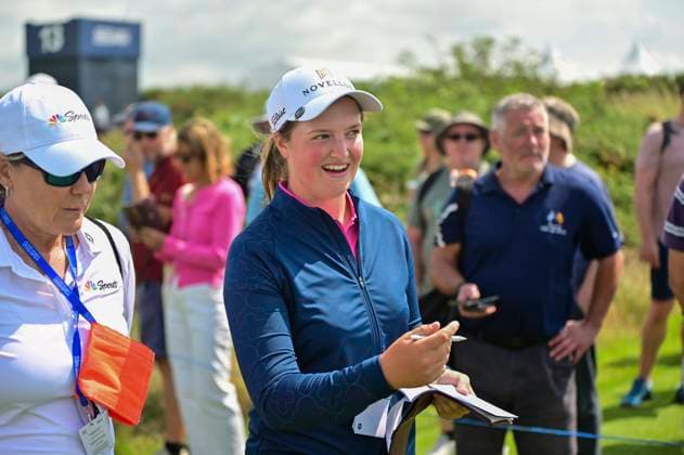 30th July 2025; Royal Porthcawl Golf Club, Porthcawl, Wales; AIG Womens Open Golf, Practice Day; Lottie Woad walking from the 13th green to the 14th tee box  AledxHopkins