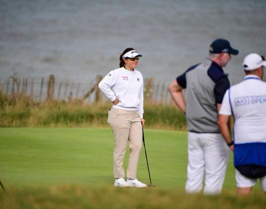 30th July 2025; Royal Porthcawl Golf Club, Porthcawl, Wales; AIG Womens Open Golf, Practice Day; Hannah Green waiting to putt on the 1st green  AledxHopkins