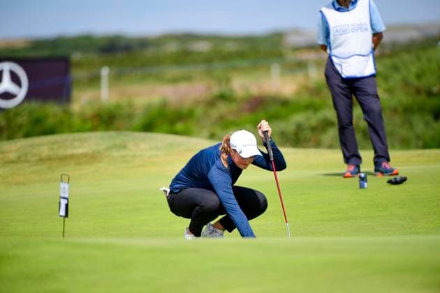 30th July 2025; Royal Porthcawl Golf Club, Porthcawl, Wales; AIG Womens Open Golf, Practice Day; Lottie Woad preparing to putt on the 13th green  AledxHopkins