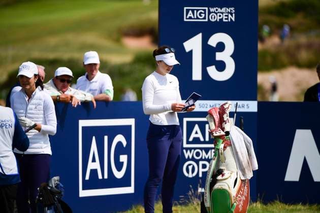 30th July 2025; Royal Porthcawl Golf Club, Porthcawl, Wales; AIG Womens Open Golf, Practice Day; Gabriela Ruffels looking at her course book before teeing off  AledxHopkins