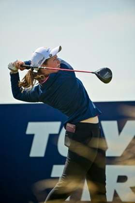30th July 2025; Royal Porthcawl Golf Club, Porthcawl, Wales; AIG Womens Open Golf, Practice Day; Lottie Woad teeing off from 14  AledxHopkins