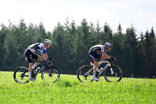Tour de Wallonie 2025 Stage 5 BERTRIX, BELGIUM - JULY 30 : Norsgaard Mathias of Movistar Team, Herzog Emil of Red Bull - BORA - Hansgrohe in action during stage 5 of the 30th edition of Tour de Wallonie an UCI ProSeries 2.Pro cycling road race stage for Men Elite of 183.2 km with start in Bertrix and finish in Bertrix on July 30, 2025 in Bertrix, Belgium, 30 07 2025 ( Motordriver Louis Bidlot - Bertrix Belgium  Copyright: xTomasxSiskx