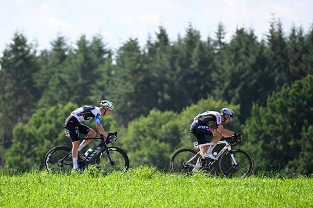 Tour de Wallonie 2025 Stage 5 BERTRIX, BELGIUM - JULY 30 : Norsgaard Mathias of Movistar Team, Herzog Emil of Red Bull - BORA - Hansgrohe in action during stage 5 of the 30th edition of Tour de Wallonie an UCI ProSeries 2.Pro cycling road race stage for Men Elite of 183.2 km with start in Bertrix and finish in Bertrix on July 30, 2025 in Bertrix, Belgium, 30 07 2025 ( Motordriver Louis Bidlot - Bertrix Belgium  Copyright: xTomasxSiskx