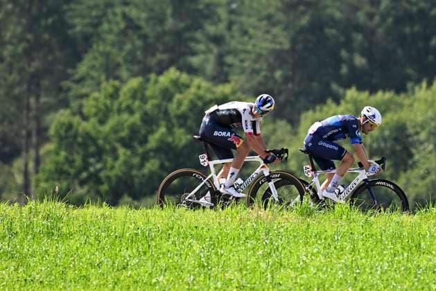 Tour de Wallonie 2025 Stage 5 BERTRIX, BELGIUM - JULY 30 : Maciejuk Filip of Red Bull - BORA - Hansgrohe, Le Gac Olivier of Groupama FDJ in action during stage 5 of the 30th edition of Tour de Wallonie an UCI ProSeries 2.Pro cycling road race stage for Men Elite of 183.2 km with start in Bertrix and finish in Bertrix on July 30, 2025 in Bertrix, Belgium, 30 07 2025 ( Motordriver Louis Bidlot - Bertrix Belgium  Copyright: xTomasxSiskx