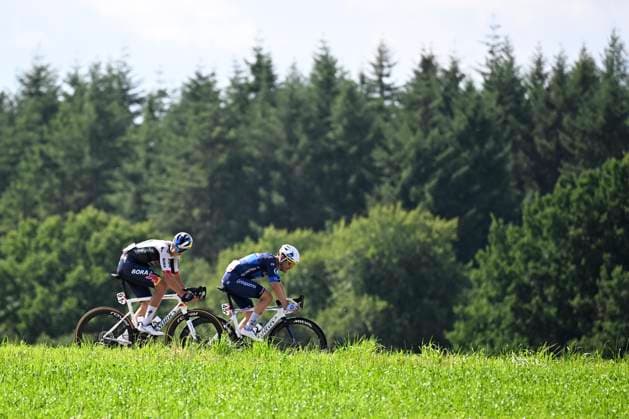 Tour de Wallonie 2025 Stage 5 BERTRIX, BELGIUM - JULY 30 : Maciejuk Filip of Red Bull - BORA - Hansgrohe, Le Gac Olivier of Groupama FDJ in action during stage 5 of the 30th edition of Tour de Wallonie an UCI ProSeries 2.Pro cycling road race stage for Men Elite of 183.2 km with start in Bertrix and finish in Bertrix on July 30, 2025 in Bertrix, Belgium, 30 07 2025 ( Motordriver Louis Bidlot - Bertrix Belgium  Copyright: xTomasxSiskx
