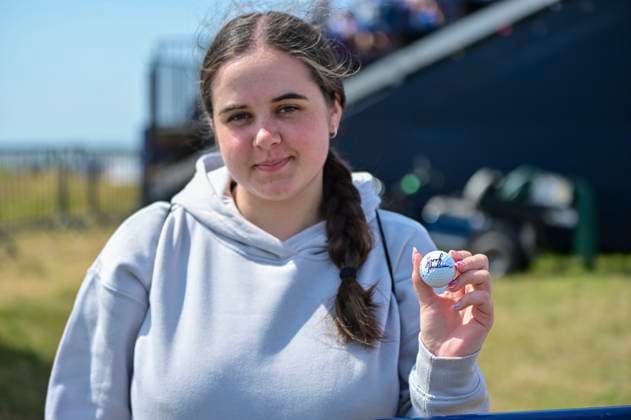 30th July 2025; Royal Porthcawl Golf Club, Porthcawl, Wales; AIG Womens Open Golf, Practice Day; fan holding a Brooke Henderson signed ball  AledxHopkins