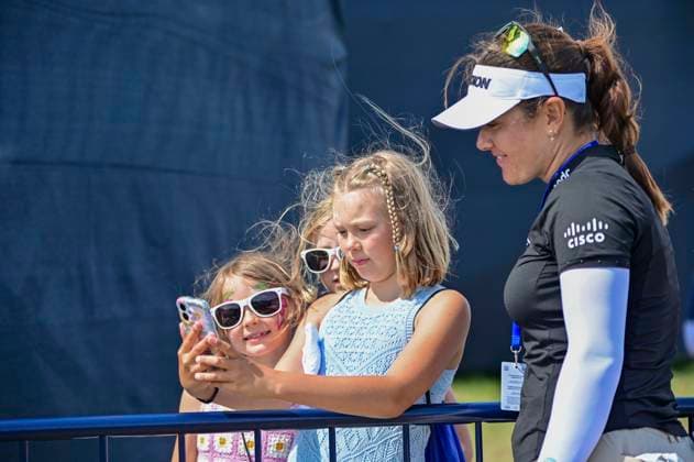 30th July 2025; Royal Porthcawl Golf Club, Porthcawl, Wales; AIG Womens Open Golf, Practice Day; Hannah Green taking a selfie with a fan after her pro-am round  AledxHopkins