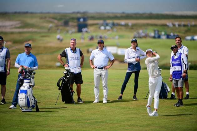 30th July 2025; Royal Porthcawl Golf Club, Porthcawl, Wales; AIG Womens Open Golf, Practice Day; Yealimi Noh after hitting her ball from the fairway  AledxHopkins