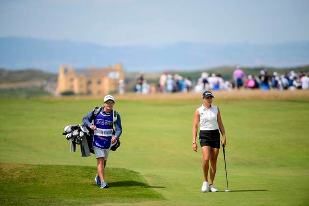 30th July 2025; Royal Porthcawl Golf Club, Porthcawl, Wales; AIG Womens Open Golf, Practice Day; Pauline Roussin& x2011;Bouchard with caddy on 13th fairway  AledxHopkins