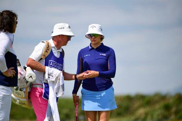 30th July 2025; Royal Porthcawl Golf Club, Porthcawl, Wales; AIG Womens Open Golf, Practice Day; Madelene Sagstrom receives advice from caddy  AledxHopkins