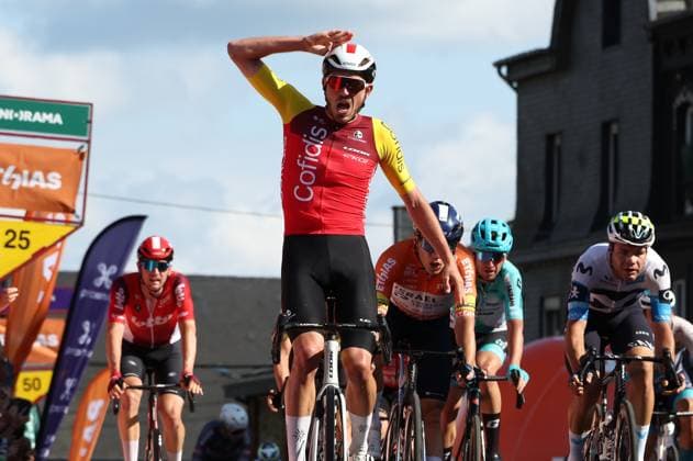 French Clement Izquierdo of Cofidis and pictured crossing the finish line and winning the fifth and final stage of the Tour De Wallonie cycling race, from and back of Bertrix (183,3 km), on Wednesday 30 July 2025. BRUNOxFAHY  x130303300x
