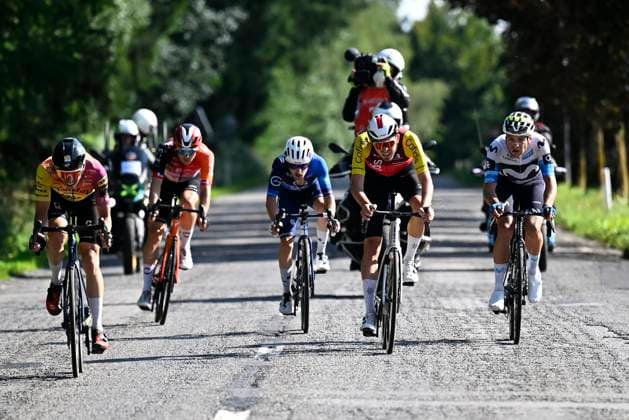 Tour de Wallonie 2025 Stage 5 BERTRIX, BELGIUM - JULY 30 : Izquierdo Clement of Cofidis, Rochas Remy of Groupama FDJ, Swift Ben of INEOS Grenadiers, Milesi Lorenzo of Movistar Team, Marchand Gianni of Tarteletto - Isorex in the escape pack during stage 5 of the 30th edition of Tour de Wallonie an UCI ProSeries 2.Pro cycling road race stage for Men Elite of 183.2 km with start in Bertrix and finish in Bertrix on July 30, 2025 in Bertrix, Belgium, 30 07 2025 ( Motordriver Louis Bidlot - Bertrix Belgium  Copyright: xTomasxSiskx