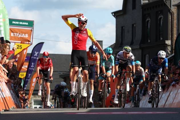 French Clement Izquierdo of Cofidis and pictured crossing the finish line and winning the fifth and final stage of the Tour De Wallonie cycling race, from and back of Bertrix (183,3 km), on Wednesday 30 July 2025. BRUNOxFAHY  x130303371x