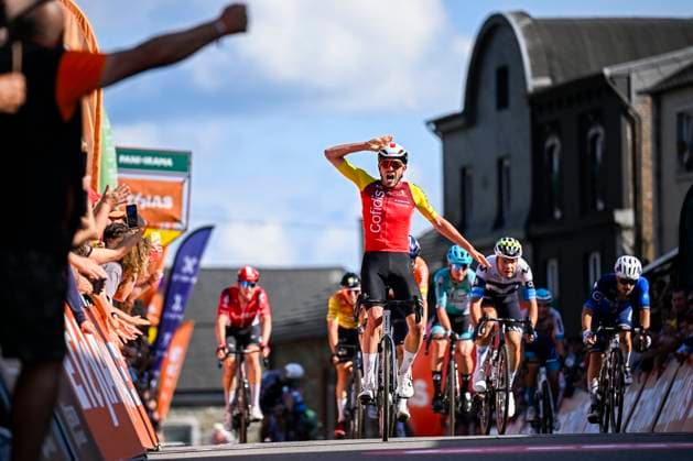 Tour de Wallonie 2025 Stage 5 BERTRIX, BELGIUM - JULY 30 : Izquierdo Clément (FRA) of Cofidis celebrating his victory during stage 5 of the 30th edition of Tour de Wallonie an UCI ProSeries 2.Pro cycling road race stage for Men Elite of 183.2 km with start in Bertrix and finish in Bertrix on July 30, 2025 in Bertrix, Belgium, 30 07 2025 ( Motordriver Louis Bidlot - Bertrix Belgium  Copyright: xTomasxSiskx