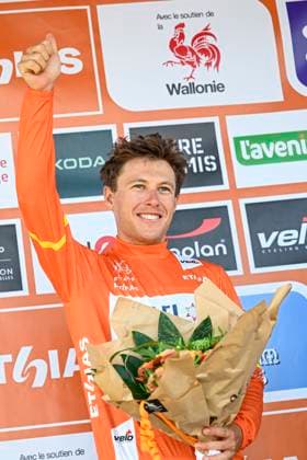 Tour de Wallonie 2025 Stage 5 BERTRIX, BELGIUM - JULY 30 : Strong Corbin (USA) of Israel - Premier Tech on the podium during stage 5 of the 30th edition of Tour de Wallonie an UCI ProSeries 2.Pro cycling road race stage for Men Elite of 183.2 km with start in Bertrix and finish in Bertrix on July 30, 2025 in Bertrix, Belgium, 30 07 2025 ( Motordriver Louis Bidlot - Bertrix Belgium  Copyright: xTomasxSiskx