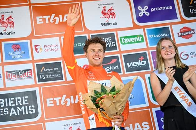 Tour de Wallonie 2025 Stage 5 BERTRIX, BELGIUM - JULY 30 : Strong Corbin (USA) of Israel - Premier Tech on the podium during stage 5 of the 30th edition of Tour de Wallonie an UCI ProSeries 2.Pro cycling road race stage for Men Elite of 183.2 km with start in Bertrix and finish in Bertrix on July 30, 2025 in Bertrix, Belgium, 30 07 2025 ( Motordriver Louis Bidlot - Bertrix Belgium  Copyright: xTomasxSiskx
