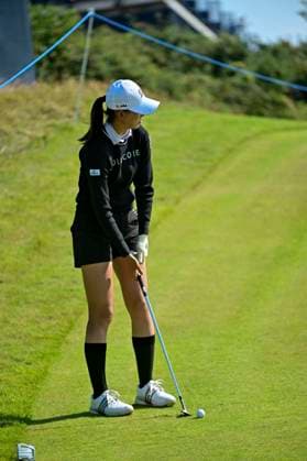 30th July 2025; Royal Porthcawl Golf Club, Porthcawl, Wales; AIG Womens Open Golf, Practice Day; Saki Baba of Japan practicing her chipping  AledxHopkins