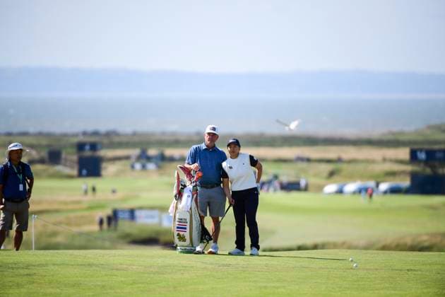 30th July 2025; Royal Porthcawl Golf Club, Porthcawl, Wales; AIG Womens Open Golf, Practice Day; Chanettee Wannasaen talking with her caddy during the round  AledxHopkins