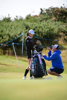 30th July 2025; Royal Porthcawl Golf Club, Porthcawl, Wales; AIG Womens Open Golf, Practice Day; Saki Baba of Japan chatting with her caddy.  AledxHopkins